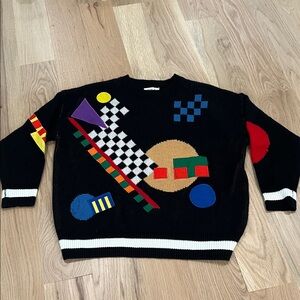 Listicle 1980s Vintage Black Sweater with Colorful Geometric Design Medium